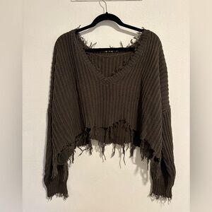 Skylar + Madison Distressed Dark Green V-Neck Cropped Sweater